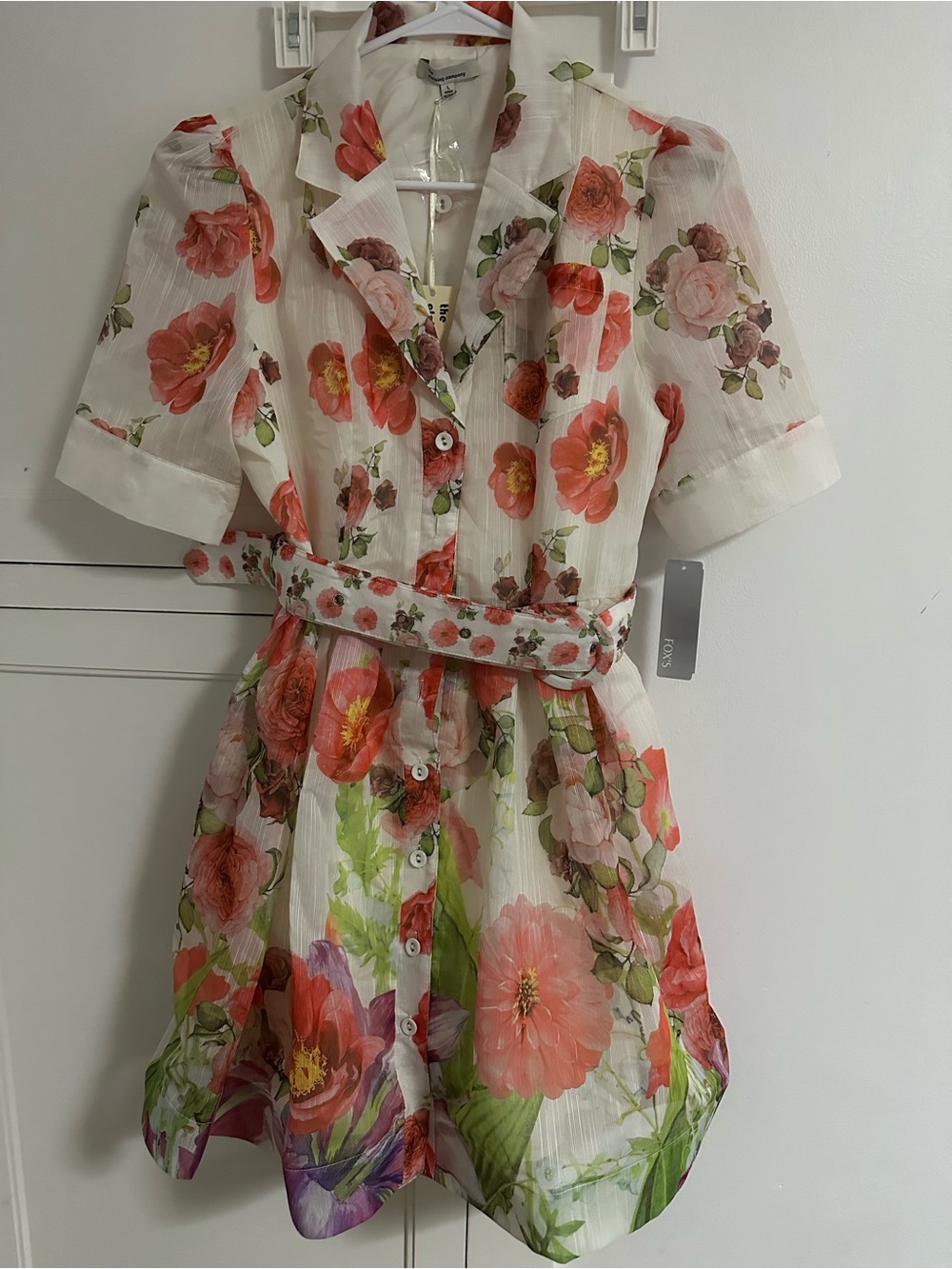 the clothing company White Floral Shirtwaist Dress with Coral and Pink Blooms